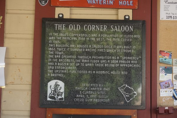 [Picture of Old Corner Saloon plaque]